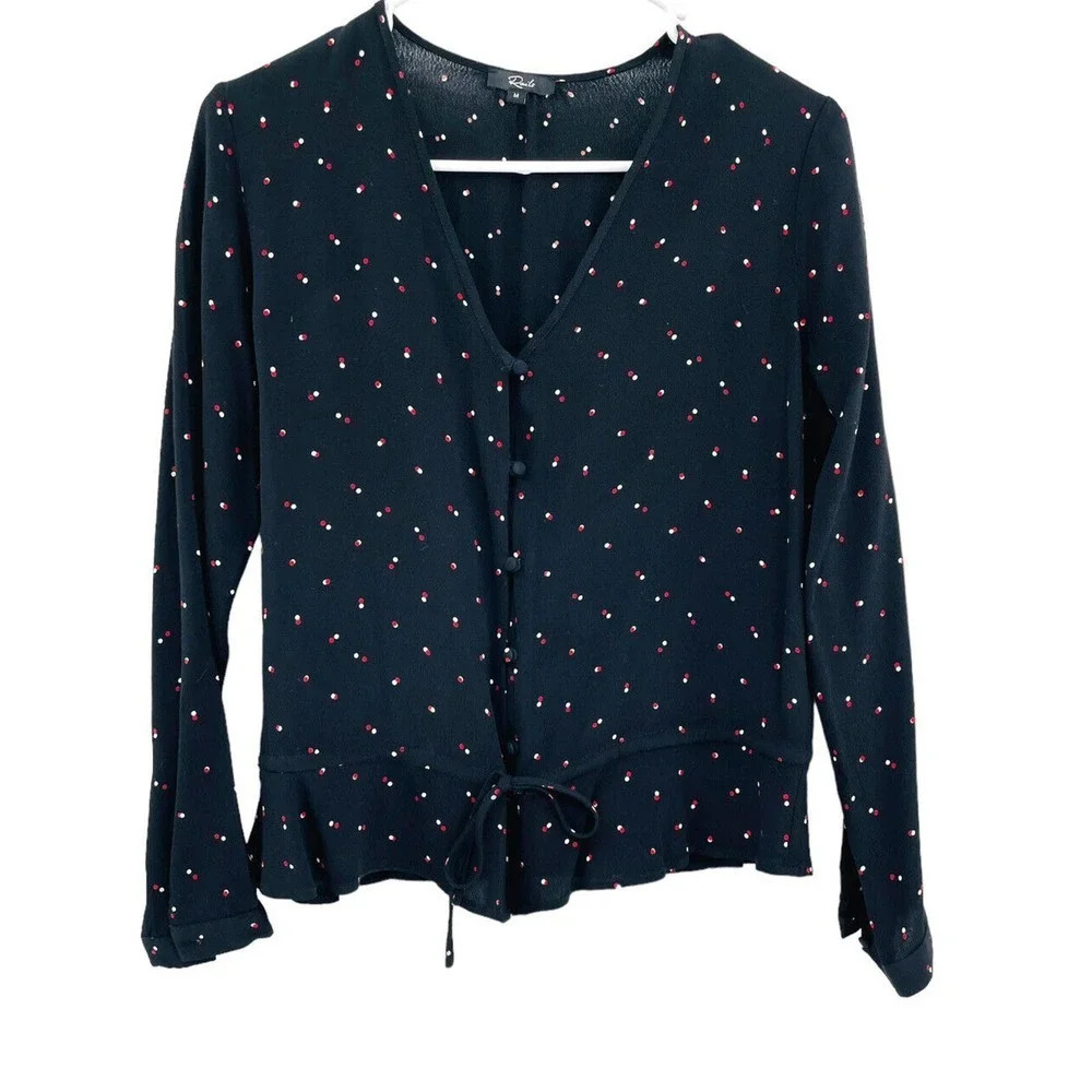 Rails Women's Top Beaux Blouse in Black Off Set Dot Long Sleeves Ruffle Hem Sz M